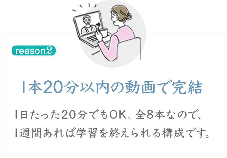 reason 2 1本20分以内の動画で完結 1日たった20分でもOK。全8本なので、1週間あれば学習を終えられる構成です。