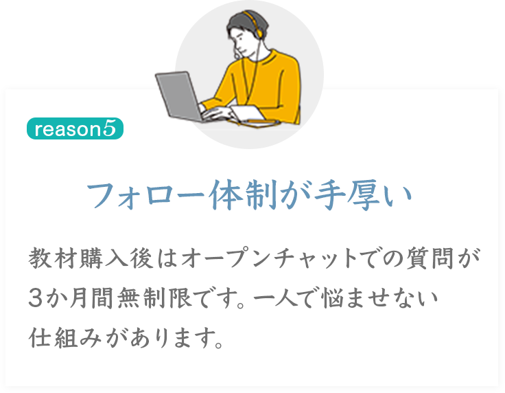 reason5
フォロー体制が手厚い
教材購入後はオープンチャットでの質問が
3か月間無制限です。一人で悩ませない仕組みがあります。