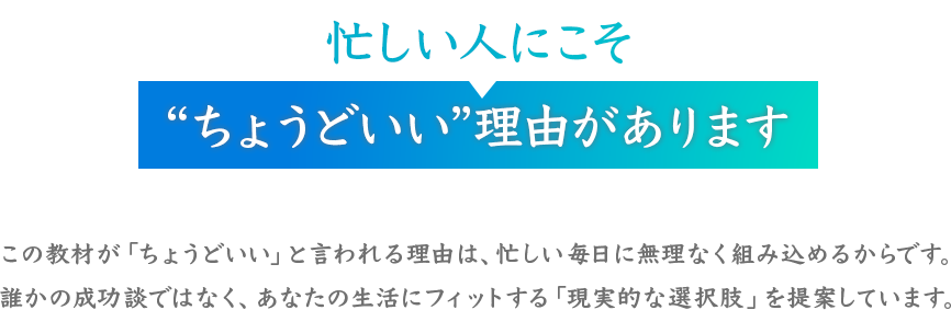 忙しい人にこそ
“ちょうどいい”理由があります
この教材が「ちょうどいい」と言われる理由は、忙しい毎日に無理なく組み込めるからです。
誰かの成功談ではなく、あなたの生活にフィットする「現実的な選択肢」を提案しています